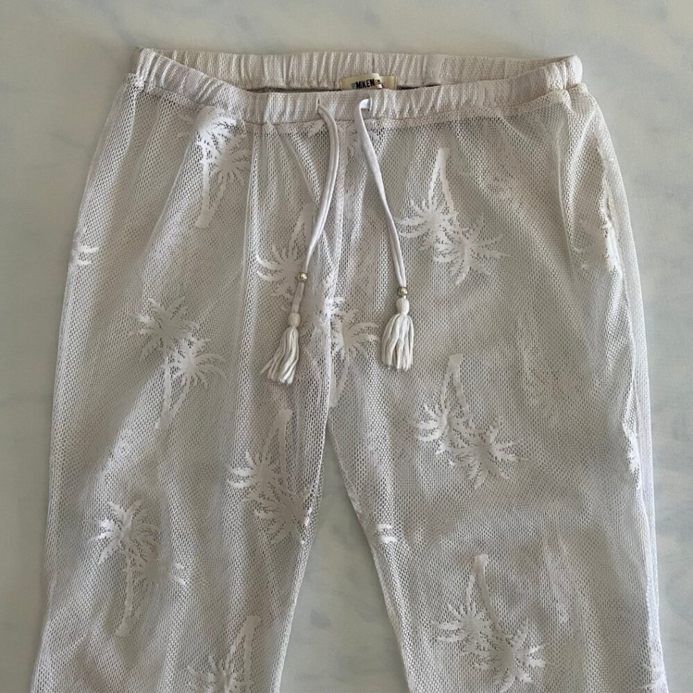 Miken Swim White Mesh Palm Tree Drawstring Coverup Pants - Picture 4 of 6